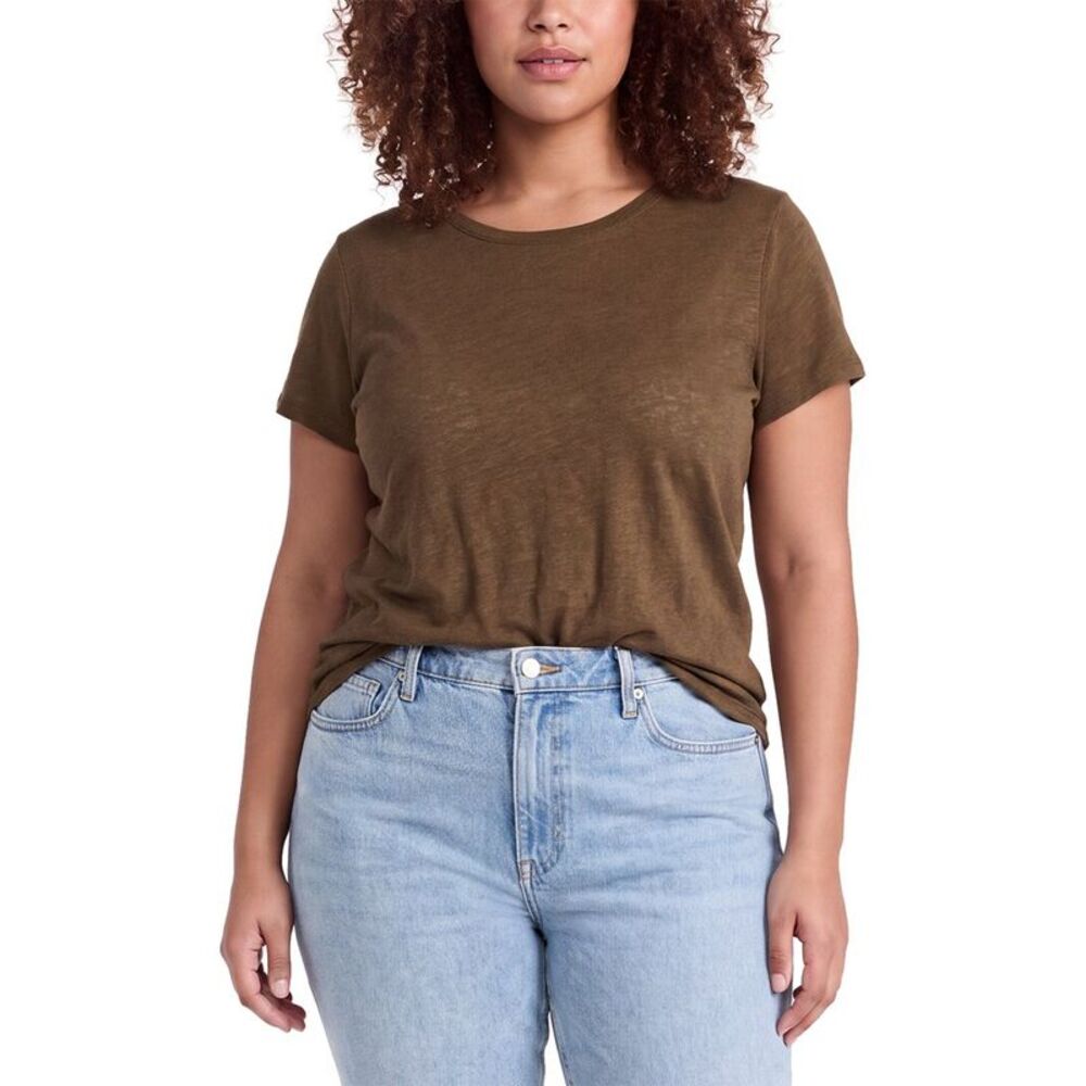 Eileen Fisher Womens Plus Crewneck Linen T-Shirt, Brown